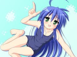 00s 1girl ahoge barefoot blue_hair blush female_focus green_eyes izumi_konata kakesu long_hair lucky_star mole mole_under_eye one-piece_swimsuit open_mouth pointing school_swimsuit solo swimsuit