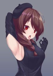 Rule 34 | absurdres, armpits, azur lane, beret, black gloves, brown hair, gloves, gradient background, grey background, hat, highres, looking at viewer, noe (ppppriver), red eyes, tagme, tongue, tongue out, z2 georg thiele (azur lane), z2 georg thiele (high-rise high-style) (azur lane)
