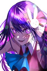 Rule 34 | + +, 1girl, absurdres, blue neckerchief, blush, commentary request, hair between eyes, hair ornament, highres, hoshino ai (oshi no ko), lens flare, long hair, looking at viewer, neckerchief, ogura aoi, open mouth, oshi no ko, pink shirt, purple eyes, purple hair, rabbit hair ornament, shirt, simple background, smile, solo, star (symbol), star hair ornament, upper body, white background