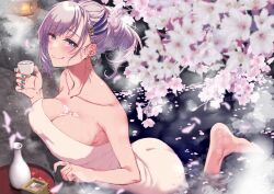 Rule 34 | 1girl, alcohol, aqua eyes, aqua nails, barefoot, blush, bottle, braid, braided bangs, breasts, cherry blossoms, choko (cup), cleavage, collarbone, commentary, cup, earrings, feet, grey hair, hair bun, hair ornament, highres, holding, holding cup, hololive, hololive indonesia, jewelry, large breasts, looking at viewer, masu, nail polish, naked towel, onsen, pavolia reine, petals, petals on liquid, pochi (pochi-goya), sake, sake bottle, single hair bun, smile, solo, toes, tokkuri, tongue, tongue out, towel, virtual youtuber