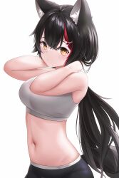 Rule 34 | 1girl, absurdres, animal ear fluff, animal ears, black hair, breasts, hair ornament, hairclip, highres, hololive, large breasts, long hair, looking at viewer, midriff, multicolored hair, navel, ookami mio, ponytail, red hair, shira jun, streaked hair, tail, virtual youtuber, wolf ears, wolf girl, wolf tail, yellow eyes