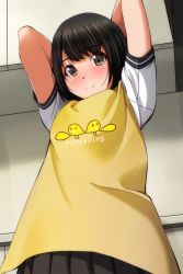 Rule 34 | 1girl, absurdres, apron, arms behind head, arms up, black hair, black skirt, blush, brown apron, brown eyes, closed mouth, female focus, highres, indoors, looking at viewer, matsunaga kouyou, nose blush, original, pleated skirt, print apron, shirt, short sleeves, skirt, smile, solo, white shirt