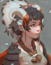 Rule 34 | 1girl, armor, artist name, black hair, blunt bangs, cape, closed mouth, collarbone, expressionless, facepaint, green eyes, grey background, guweiz, horn ornament, horn ribbon, horns, japanese armor, original, portrait, red cape, red ribbon, ribbon, shoulder pads, simple background, solo, tassel