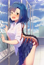 Rule 34 | 1girl, :d, against fence, antennae, bestiality, blue hair, blue skirt, blue sky, blush, braid, breast pocket, breasts, bug, centipede, chain-link fence, collared shirt, day, dress shirt, fence, from side, highres, idolmaster, idolmaster million live!, interspecies, karisuwaya, leaning forward, looking at viewer, looking to the side, medium breasts, monster, nanao yuriko, nose blush, open mouth, outdoors, penis, plaid, plaid skirt, pleated skirt, pocket, rooftop, see-through, sex, shiny skin, shirt, short hair, skirt, sky, smile, solo, standing, sweat, wet, wet clothes, wet shirt, white shirt, wing collar, yellow eyes