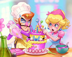 Rule 34 | 1boy, 1girl, apron, baking, bandana, big nose, black lips, blonde hair, blue apron, blue eyes, blurry, blurry background, book, breasts, bright pupils, brown apron, brown hair, butter knife, cake, candle, candy, chef hat, cloth, cup, dress, earrings, eyelashes, facial hair, flower, food, fruit, garlic, gloves, half-closed eyes, hand up, hands up, hat, head scarf, holding, icing, indoors, jewelry, lips, lollipop, long sleeves, looking at another, mario (series), mixing bowl, mustache, nintendo, nose, open book, open mouth, pants, parted lips, pastry bag, pink bandana, pink dress, plate, pointy ears, princess peach, puffy short sleeves, puffy sleeves, purple pants, purple shirt, shirt, short hair, short sleeves, sideburns, small breasts, smile, spice, spoon, strawberry, sweatdrop, table, teamwork, theweegeemeister, thick eyebrows, vase, waluigi, water, white gloves, white headwear, white pupils, window, wooden table