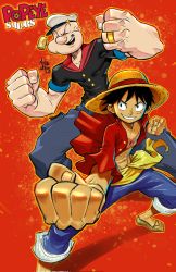 Rule 34 | 2boys, arm up, artist name, black hair, broad shoulders, burn scar, buttons, clenched hands, collarbone, commentary, crossover, english commentary, closed eyes, facial scar, fighting stance, grin, hand up, happy, hat, highres, jewelry, male focus, marcus williams, monkey d. luffy, multiple boys, muscular, one piece, open clothes, open mouth, open shirt, outstretched arm, pants, pectorals, pipe in mouth, popeye, popeye the sailor, red shirt, ring, sailor, sailor collar, sailor hat, sailor shirt, sandals, scar, scar on cheek, scar on chest, scar on face, shirt, short hair, smile, smoking pipe, standing, straw hat, tan, tattoo, toned, toned male, trait connection, v-shaped eyebrows