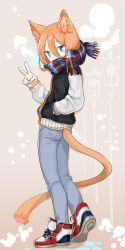 Rule 34 | 1girl, animal ear fluff, animal ears, black jacket, blue pants, blue scarf, brown background, cat ears, cat girl, cat tail, commentary request, denim, from behind, full body, hair between eyes, hand in pocket, hand up, jacket, jeans, kinutani yutaka, letterman jacket, long sleeves, looking at viewer, looking back, orange hair, original, pants, plaid, plaid scarf, scarf, scarf over mouth, shoes, short hair, sneakers, solo, tail, v