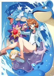 Rule 34 | 1girl, :d, blue eyes, blurry, brown hair, collarbone, commentary request, covered navel, creatures (company), eyelashes, game freak, gen 1 pokemon, gyarados, gym leader, highres, holding, holding poke ball, inomata konomu, jacket, lapras, misty (pokemon), nintendo, one-piece swimsuit, open clothes, open jacket, open mouth, poke ball, poke ball (basic), pokemon, pokemon (creature), pokemon hgss, psyduck, riding, riding pokemon, sandals, short hair, smile, sparkle, starmie, swimsuit, teeth, toes, tongue, upper teeth only, water, water drop, white one-piece swimsuit