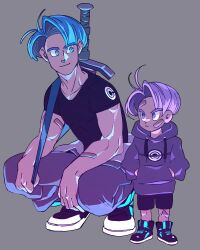 Rule 34 | 2boys, bandaid, bandaid on arm, bandaid on face, black shirt, blue hair, child, dragon ball, grey background, hand in pocket, hood, hoodie, long sleeves, looking at another, male focus, multiple boys, pants, purple hair, shirt, shoes, short hair, short sleeves, shorts, simple background, squatting, sword, tako jirou, thick eyebrows, trunks (dragon ball), trunks (future) (dragon ball), weapon, weapon on back