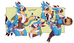 Rule 34 | 1girl, ^ ^, accordion, animal feet, anklet, arm at side, artist name, barefoot, beak, belt, bird girl, bird legs, bird tail, black fur, blue fur, blush stickers, body fur, border, breast hold, breasts, brown leotard, capelet, claws, closed eyes, cowboy shot, cropped legs, cropped torso, feather hair ornament, feathers, feet, female focus, full body, furry, furry female, genderswap, genderswap (mtf), green background, green capelet, green outline, hair ornament, hand up, happy, heart, highres, holding, holding instrument, instrument, jewelry, kass, large breasts, leotard, loincloth, looking to the side, multicolored fur, multiple views, music, musical note, nintendo, open mouth, outline, outside border, paper, playing instrument, red feathers, rito, scarf, sheet music, shiny skin, simple background, smile, standing, strapless, strapless leotard, tail, teranen, the legend of zelda, the legend of zelda: breath of the wild, tongue, tongue out, twitter username, upper body, watermark, white border, white fur, white scarf, wide hips, yellow eyes, yellow fur