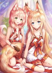 Rule 34 | 2girls, :d, animal ear fluff, animal ears, bare arms, bare shoulders, blonde hair, blush, bow, closed mouth, collarbone, commentary request, curtains, dress, flower, fox ears, fox girl, fox tail, frilled dress, frills, green eyes, hair between eyes, hair bow, hair brush, hair flower, hair ornament, highres, holding, holding brush, indoors, long hair, multiple girls, open mouth, original, pink hair, red bow, ribbon trim, sakura ani, sleeveless, sleeveless dress, smile, tail, brushing tail, transparent, very long hair, white dress, white flower, window