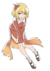 Rule 34 | 1girl, aki shizuha, bare legs, blonde hair, collared shirt, copyright request, full body, gyouza (mhea5724), highres, long sleeves, looking at viewer, no pants, orange eyes, shirt, short hair, simple background, socks, solo, touhou, white background, white socks, wide sleeves