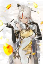 Rule 34 | 1girl, arm up, bare shoulders, black gloves, breasts, china dress, chinese clothes, crystal, dress, elbow gloves, fur collar, genshin impact, gloves, hair ornament, hairpin, highres, holding, long hair, looking at viewer, marumoru, medium breasts, ningguang (genshin impact), parted bangs, pelvic curtain, red eyes, side slit, sidelocks, solo, tassel, thighs, very long hair, white background, white hair