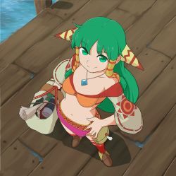 Rule 34 | 1girl, anime coloring, aqua eyes, aqua hair, bag, book, brown footwear, closed mouth, feena (grandia), from above, full body, grandia, grandia i, green eyes, green hair, hair tubes, hand on own hip, jewelry, long hair, looking up, midriff, miniskirt, paper, pendant, pink skirt, scroll, skirt, smile, solo, squid neetommy, standing, wide sleeves