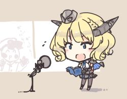Rule 34 | 1boy, 1girl, admiral (kancolle), blonde hair, blue eyes, blush, book, braid, capelet, chibi, colorado (kancolle), garrison cap, gloves, grey headwear, hat, headgear, holding, holding book, kantai collection, microphone, microphone stand, nakadori (movgnsk), necktie, open mouth, pantyhose, peaked cap, short hair, side braid, side braids, simple background, single braid, smile, translation request