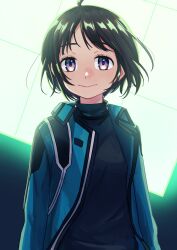 Rule 34 | 1girl, ahoge, amatori chika, arms at sides, black background, black footwear, black hair, blue jacket, bob cut, breasts, closed mouth, cube, floating hair, glowing, highres, jacket, long sleeves, looking at viewer, mikumo squad&#039;s uniform, open clothes, open jacket, purple eyes, short hair, small breasts, smile, sonoda (mzm), turtleneck, upper body, weapon, world trigger