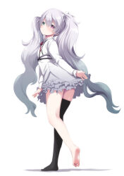 Rule 34 | 1girl, 25-ji miku, aqua eyes, barefoot, black thighhighs, commentary, dress, feet, flat chest, frilled dress, frills, from side, full body, gradient hair, grey dress, grey hair, hair between eyes, hair ribbon, hatsune miku, heterochromia, highres, legs, long hair, long sleeves, looking at viewer, multicolored hair, neck ribbon, official alternate eye color, official alternate hair color, project sekai, purple eyes, red ribbon, ribbon, saki chisuzu, shiny skin, short dress, simple background, single thighhigh, soles, solo, standing, standing on one leg, thighhighs, thighs, toes, very long hair, vocaloid, white background, white ribbon