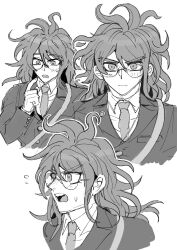 Rule 34 | 1boy, blush, buttons, collared shirt, cropped torso, d:, danganronpa (series), danganronpa v3: killing harmony, glasses, gokuhara gonta, greyscale, hand up, highres, jacket, kumakoro (tetsupag), long hair, looking at viewer, male focus, messy hair, monochrome, multiple views, muscular, muscular male, necktie, open mouth, outline, round eyewear, serious, shirt, white outline