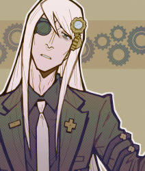 Rule 34 | 1boy, ace attorney, bags under eyes, black shirt, enoch drebber, eyebrows hidden by hair, face, gears, grey eyes, heartgrooooove, highres, long hair, looking at viewer, male focus, necktie, one eye covered, shirt, solo, the great ace attorney, white hair, white necktie