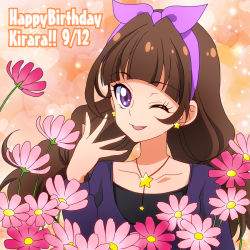 Rule 34 | 1girl, amanogawa kirara, bow, brown hair, character name, earrings, flower, go! princess precure, gradient background, hair bow, hairband, happy birthday, heart, heart background, jewelry, long hair, masako (sabotage-mode), necklace, one eye closed, orange background, precure, purple bow, purple eyes, smile, solo, star (symbol), star earrings, twintails