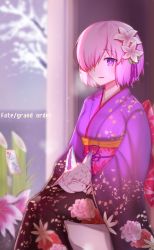 Rule 34 | bamboo, blush, breath, copyright name, fate/grand order, fate (series), flower, fou (fate), hair flower, hair ornament, highres, japanese clothes, kimono, looking at viewer, mash kyrielight, mash kyrielight (grand new year), obi, official alternate costume, purple eyes, purple hair, sash, solo, type-moon, wide sleeves, xue fengzi