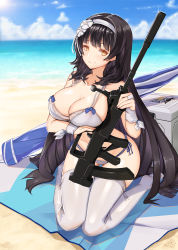 Rule 34 | assault rifle, beach, bikini, black hair, blue bow, blush, bow, breasts, bullpup, cleavage, closed mouth, cloud, collarbone, commentary, cooler, day, essa sazhka, flower, girls&#039; frontline, gloves, gun, hair flower, hair ornament, hairband, highres, holding, holding gun, holding weapon, large breasts, long hair, looking at viewer, no shoes, official alternate costume, outdoors, parasol, qbz-95, rifle, side-tie bikini bottom, sitting, smile, solo, sunlight, suppressor, swimsuit, thighhighs, towel, type 95 (girls&#039; frontline), type 95 (summer cicada) (girls&#039; frontline), umbrella, very long hair, wariza, water, weapon, white bikini, white gloves, white hairband, white thighhighs, yellow eyes