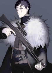 Rule 34 | 1boy, :|, absurdres, armor, belt, belt buckle, black clover, black hair, black pants, black shirt, blue eyes, buckle, chest strap, closed mouth, coat, cowboy shot, cuirass, expressionless, facial mark, faulds, finger on trigger, frit 2, fur coat, fur collar, gun, high collar, highres, holding, holding gun, holding weapon, looking at viewer, male focus, narrowed eyes, o-ring, pants, scope, shirt, short hair, sideways glance, solo, tunic, weapon, weapon request, zenon zogratis