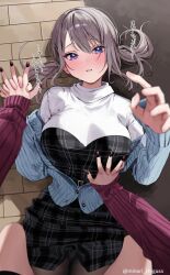 Rule 34 | 2girls, black nails, blush, breasts, chigusa minori, commentary request, female pov, gradient nails, grey hair, groping, hair ornament, hairclip, highres, large breasts, long hair, long sleeves, looking at viewer, multicolored nails, multiple girls, nail polish, original, parted lips, pov, pov hands, purple eyes, purple nails, saotome shino (shino to ren), shino to ren, shirayuki ren, shirt, shirt under sweater, translation request, white shirt, yuri