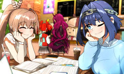 Rule 34 | 5girls, ahoge, alternate costume, animal ears, black dress, black hair, black skirt, blue eyes, blue hair, blue sweater, blurry, brown hair, cafe, cellphone, chain, chain headband, chalkboard sign, closed eyes, collared shirt, commentary request, computer, counter, ddolbang, deerstalker, depth of field, dress, drinking straw, duplicate, feather hair ornament, feathers, foliage, frilled sleeves, frills, glass, hair intakes, hair ornament, hakos baelz, hat, head chain, highres, hololive, hololive english, horns, ice, iced coffee, irys (hololive), jacket, jewelry, korean commentary, laptop, letterman jacket, long hair, looking at another, mixed-language commentary, mouse ears, mouse girl, mouse tail, mousetrap, multicolored hair, multiple girls, nanashi mumei, necktie, one eye closed, ouro kronii, pen, phone, pixel-perfect duplicate, ponytail, purple hair, red hair, shirt, short hair, skirt, smartphone, smile, smol ame, streaked hair, studying, sundress, sweater, table, tail, textbook, twintails, very long hair, virtual youtuber, watch, watson amelia, white hair, white shirt, wooden table, wooden wall, wristwatch