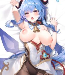 Rule 34 | 1girl, ayamy, bare arms, bed sheet, bell, black leotard, blue hair, blush, bodystocking, breasts, brown pantyhose, chinese knot, covered navel, curled horns, dakimakura (medium), detached collar, flower knot, ganyu (genshin impact), genshin impact, gold trim, groin, hair between eyes, horns, large breasts, leotard, leotard under clothes, long hair, looking at viewer, lying, neck bell, nipples, no gloves, on back, on bed, open mouth, orb, pantyhose, purple eyes, sheet grab, sleeveless, solo, thighs, tongue, tongue out, upper body, very long hair, vision (genshin impact)