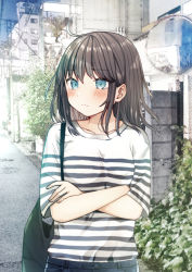 Rule 34 | 1girl, bag, black hair, blue eyes, blush, building, bush, closed mouth, commentary request, crossed arms, denim, highres, jeans, kurata rine, long sleeves, medium hair, mirror, original, outdoors, pants, plant, road, shirt, sky, solo, standing, street, striped clothes, striped shirt, tears, tree, white shirt