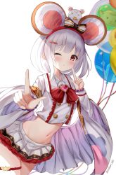 Rule 34 | 1girl, animal, animal ears, animal on head, balloon, blunt bangs, blush, bow, breasts, brooch, buttons, cheese, collared shirt, commentary, cowboy shot, crop top, crop top overhang, fake animal ears, food, granblue fantasy, groin, hair ornament, hairband, hairclip, heart, heart brooch, highres, index fingers raised, irokari, jewelry, koi dance, long sleeves, looking at viewer, midriff, miniskirt, mouse (animal), mouse ears, navel, on head, one eye closed, outstretched arm, pleated skirt, red eyes, red hairband, red ribbon, ribbon, shawl, shirt, short hair, sidelocks, silver hair, simple background, skirt, small breasts, solo, standing, thigh strap, twitter username, vikala (granblue fantasy), white background, white shawl, white shirt, white skirt