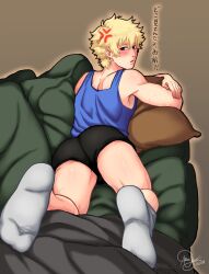 Rule 34 | 1boy, ass, blonde hair, blush, couch, eroaomori, highres, lying, male focus, muscular, muscular male, on stomach, original, pillow, purple eyes, scratches, shorts, socks, solo, tank top