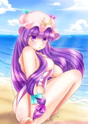 Rule 34 | 1girl, beach, breasts, cleavage, crescent, crescent moon, day, female focus, hat, large breasts, long hair, moon, ocean, one-piece swimsuit, patchouli knowledge, pengin guriko, purple eyes, purple hair, solo, swimsuit, touhou