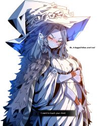 Rule 34 | 1girl, blue eyes, blue hair, blue skin, blush, breasts, cloak, colored skin, commentary request, crossed arms, dress, elden ring, english text, extra arms, extra faces, fur cloak, genman, hat, highres, korean commentary, looking at viewer, medium breasts, one eye closed, ranni the witch, short hair, simple background, white background, white dress, white headwear, witch hat