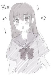 Rule 34 | 1girl, 7 calpis 7, beamed eighth notes, blush, bow, commentary request, dated, eighth note, greyscale, hair between eyes, hair ornament, long hair, monochrome, music, musical note, original, parted lips, quarter note, rabbit hair ornament, sailor collar, school uniform, serafuku, short sleeves, simple background, singing, sketch, solo, upper body, white background
