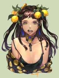 Rule 34 | 1girl, breasts, brown hair, cleavage, collarbone, earrings, food, food-themed hair ornament, fruit, green background, hair ornament, highres, jewelry, lemon, lemon hair ornament, lemon print, looking at viewer, medium hair, necklace, nishiki areku, open mouth, original, simple background, sleeveless, small breasts, solo, spaghetti strap, tank top, teeth, tongue, twintails, upper body, yellow eyes