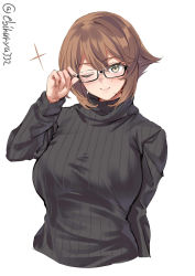 Rule 34 | 1girl, alternate costume, black-framed eyewear, blush, breasts, brown hair, closed mouth, ebifurya, glasses, highres, kantai collection, large breasts, long sleeves, looking at viewer, mutsu (kancolle), one eye closed, ribbed sweater, short hair, simple background, smile, solo, sweater, twitter username, upper body, white background