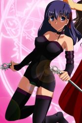 Rule 34 | 1girl, alternate costume, bare shoulders, black detached sleeves, black dress, black footwear, blue eyes, blue hair, boots, breasts, closed mouth, collar, collarbone, cosplay, covered erect nipples, covered navel, detached sleeves, dress, dual wielding, fate/stay night, fate (series), female focus, gentoku, hair between eyes, hair ribbon, highres, holding, holding weapon, kneeling, legs, lens flare, long hair, looking at viewer, matou sakura, medium breasts, medusa (fate), medusa (rider) (fate), medusa (rider) (fate) (cosplay), neck, pink background, purple collar, purple eyes, purple hair, red ribbon, ribbon, short dress, smile, solo focus, strapless, strapless dress, thigh boots, thighhighs, tube dress, type-moon, weapon