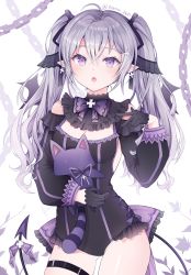 Rule 34 | 1girl, :o, ahoge, black gloves, black leotard, black sleeves, blush, bow, breasts, chain, cleavage, commentary request, cpqm, demon tail, detached sleeves, ear piercing, fang, frilled bow, frilled leotard, frills, gloves, grey hair, hair between eyes, half gloves, highres, leotard, long sleeves, looking at viewer, hugging object, open mouth, original, piercing, pointy ears, puffy long sleeves, puffy sleeves, purple bow, purple eyes, simple background, small breasts, solo, stuffed animal, stuffed cat, stuffed toy, tail, twintails, twitter username, white background