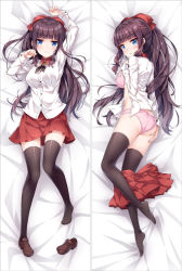 Rule 34 | 10s, 1girl, arm up, ass, bakugadou, bed sheet, black thighhighs, blue eyes, blush, bow, bra, breasts, brown footwear, brown hair, buttons, closed mouth, collared shirt, dakimakura (medium), eyebrows, full body, hair bow, hand on own ass, hand up, large breasts, long hair, long sleeves, looking at viewer, lying, multiple views, neckerchief, new game!, no pants, no shoes, on back, on side, open clothes, open shirt, panties, pink bra, pink panties, pleated skirt, red bow, red skirt, shirt, shoes, unworn shoes, sidelocks, single shoe, skirt, skirt around one leg, takimoto hifumi, thighhighs, underwear, white shirt, wrist cuffs, zettai ryouiki