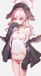 Rule 34 | 1girl, black choker, black hat, black wings, blue archive, blush, breasts, choker, feathered wings, grey background, halo, hat, head wings, hebon123, highres, koharu (blue archive), long hair, long sleeves, looking to the side, off shoulder, open clothes, panties, pink eyes, pink hair, red panties, simple background, sleeves past fingers, sleeves past wrists, small breasts, solo, sweat, tank top, twintails, underwear, wings