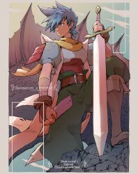 Rule 34 | 1boy, absurdres, armor, bandages, belt, belt buckle, blue eyes, blue hair, breath of fire, breath of fire iii, brown belt, buckle, green pants, highres, holding, holding sword, holding weapon, looking to the side, maruno, pants, ryuu (breath of fire iii), scarf, solo, sword, twitter username, watermark, weapon, yellow scarf