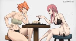 Rule 34 | 2girls, absurdres, black clover, board game, bra, breasts, chess, chess piece, chest sarashi, from side, highres, large breasts, limn044, medium breasts, mereoleona vermillion, multiple girls, muscular, muscular female, panties, princia funnybunny, sarashi, sitting, thick thighs, thighs, underwear, underwear only, unworn panties