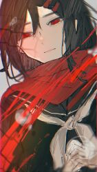 Rule 34 | 1girl, black sailor collar, black serafuku, blurry, closed mouth, crying, crying with eyes open, depth of field, dutch angle, empty eyes, enpera, hair between eyes, hair ornament, hairclip, half-closed eyes, highres, kagerou project, mekakucity actors, neckerchief, own hands together, red scarf, sad, sailor collar, scarf, school uniform, scribble, serafuku, shunu tabetai, sketch, solo, tateyama ayano, tears, upper body, white neckerchief