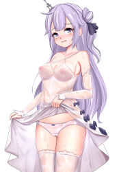 Rule 34 | 1girl, azur lane, blush, bow, bow panties, breasts, cameltoe, cleft of venus, clothes lift, commentary request, cowboy shot, criss-cross halter, dedorudy, detached sleeves, dress, dress lift, embarrassed, hair bun, hair ribbon, halterneck, highres, lifted by self, medium breasts, nipples, no bra, open mouth, panties, purple eyes, purple hair, purple ribbon, ribbon, see-through, see-through dress, see-through panties, simple background, single side bun, skindentation, solo, standing, thighhighs, underwear, unicorn (azur lane), wavy mouth, wet, white background, white dress, white panties, white thighhighs