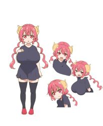Rule 34 | 1girl, breasts, character sheet, dragon girl, full body, horns, huge breasts, ilulu (maidragon), kobayashi-san chi no maidragon, long hair, looking at viewer, low twintails, multiple views, official art, open mouth, pink hair, pointy ears, sharp teeth, shortstack, simple background, sweat, teeth, thighhighs, transparent background, twintails