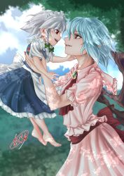 Rule 34 | 2girls, absurdres, age difference, akuron, apron, ascot, bat wings, blue dress, blue hair, bow, braid, brooch, dress, evil grin, evil smile, frilled shirt, frilled shirt collar, frilled sleeves, frills, grin, highres, holding person, izayoi sakuya, jewelry, long dress, maid, maid apron, maid headdress, multiple girls, no headwear, aged up, pink dress, puffy short sleeves, puffy sleeves, red eyes, remilia scarlet, ribbon trim, sash, shirt, short hair, short sleeves, silver hair, smile, touhou, twin braids, waist apron, wings, aged down