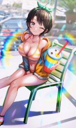 Rule 34 | 1girl, absurdres, arm between legs, bare legs, bikini, black hair, blurry, blurry background, bow, breasts, chair, cleavage, collarbone, commentary request, cup, drinking straw, green eyes, hair bow, highres, holding, holding cup, hololive, jacket, lens flare, looking at viewer, marina, medium breasts, nail polish, one eye closed, oozora subaru, oozora subaru (hololive summer 2019), orange bikini, orange jacket, outdoors, railing, sitting, smile, solo, striped bikini, striped clothes, swimsuit, thighs, virtual youtuber, wajuniorbox