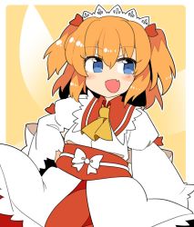 Rule 34 | 1girl, ascot, blue eyes, border, cowboy shot, dress, fairy wings, fang, hand on own hip, ini (inunabe00), long sleeves, looking to the side, maid headdress, open mouth, orange hair, short hair, simple background, skin fang, smile, solo, standing, sunny milk, touhou, transparent wings, two side up, white border, white dress, wings, yellow ascot, yellow background